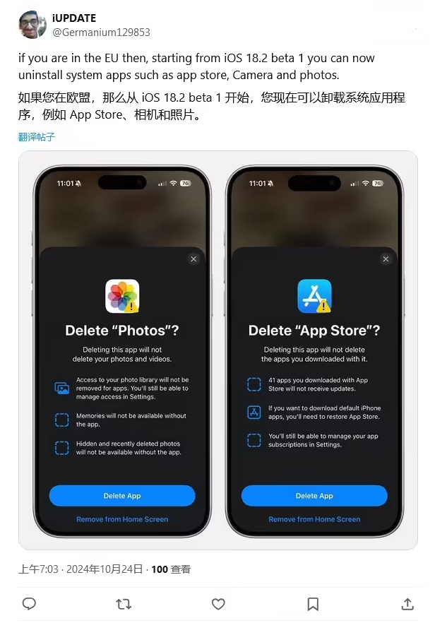 通什镇苹果手机维修分享iOS 18.2 支持删除 App Store 应用商店 